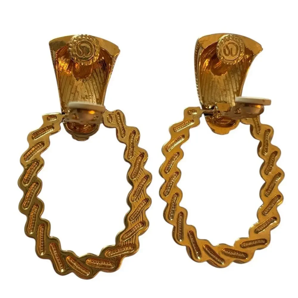 ST John Gold Tone/Cream Enamel Door Knocker Clip On Earrings 3” XL Vintage 80s
